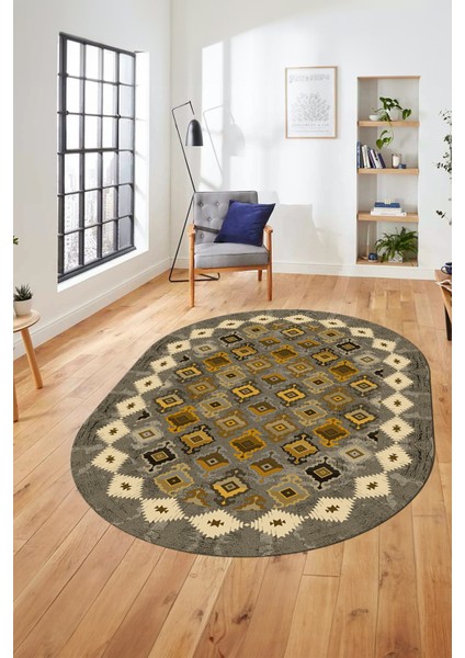 Sade Etnik Desen Kaymaz Yıkanabilir Oval Yolluk Mutfak Salon Koridor Halısı, O-Etnik-19-Sarı, fiyatları