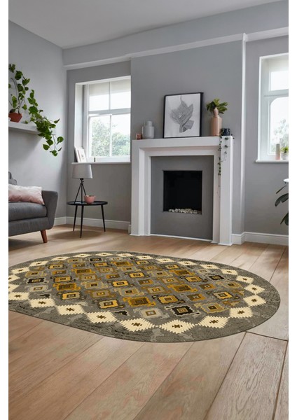 Sade Etnik Desen Kaymaz Yıkanabilir Oval Yolluk Mutfak Salon Koridor Halısı, O-Etnik-19-Sarı, indirimleri