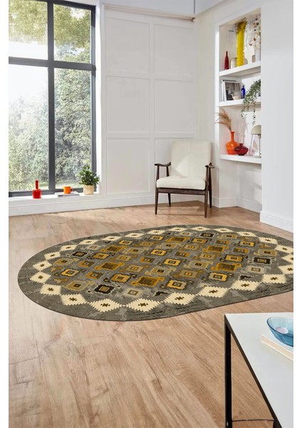 Sade Etnik Desen Kaymaz Yıkanabilir Oval Yolluk Mutfak Salon Koridor Halısı, O-Etnik-19-Sarı,