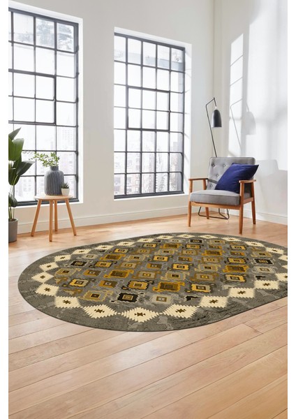 Sade Etnik Desen Kaymaz Yıkanabilir Oval Yolluk Mutfak Salon Koridor Halısı, O-Etnik-19-Sarı, modelleri