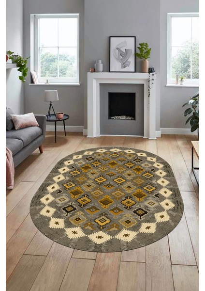 Sade Etnik Desen Kaymaz Yıkanabilir Oval Yolluk Mutfak Salon Koridor Halısı, O-Etnik-19-Sarı, fırsatları