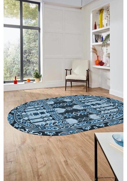 Şık Etnik Desen Kaymaz Yıkanabilir Oval Yolluk Mutfak Salon Koridor Halısı, O-Etnik-20-Mavi,