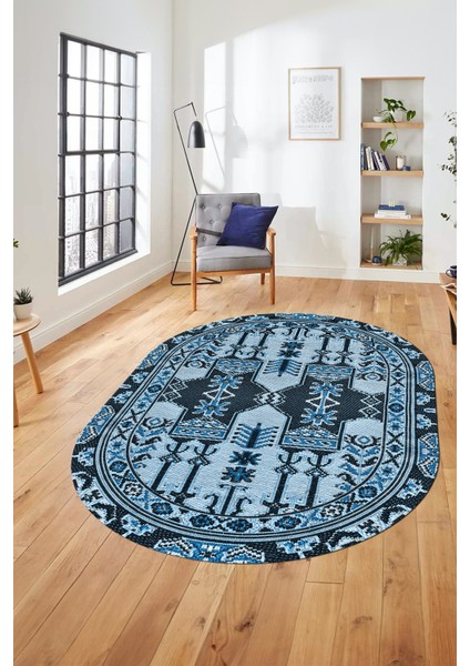 Şık Etnik Desen Kaymaz Yıkanabilir Oval Yolluk Mutfak Salon Koridor Halısı, O-Etnik-20-Mavi, fiyatları