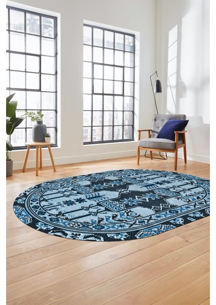 Şık Etnik Desen Kaymaz Yıkanabilir Oval Yolluk Mutfak Salon Koridor Halısı, O-Etnik-20-Mavi, modelleri