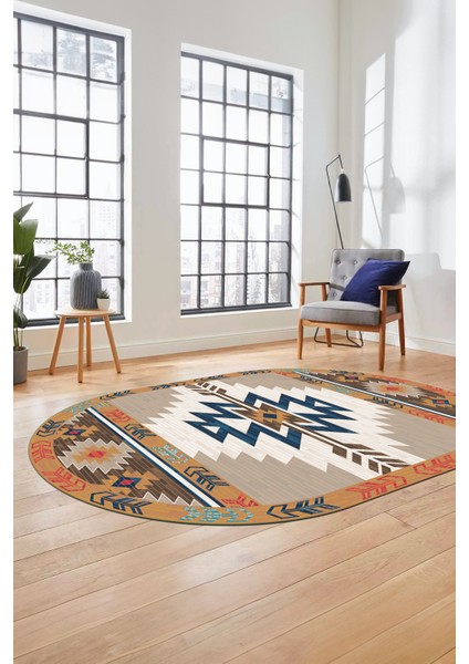 Etnik Desenli Dijital Baskılı Kaymaz Yıkanabilir Oval Yolluk Mutfak Salon Halısı, O-Etnik-05-Renkli,