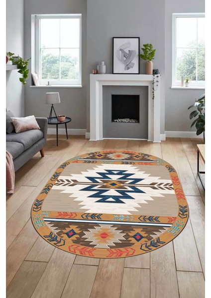 Etnik Desenli Dijital Baskılı Kaymaz Yıkanabilir Oval Yolluk Mutfak Salon Halısı, O-Etnik-05-Renkli, fiyatları