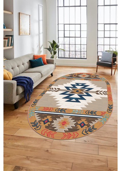 Etnik Desenli Dijital Baskılı Kaymaz Yıkanabilir Oval Yolluk Mutfak Salon Halısı, O-Etnik-05-Renkli, fırsatları