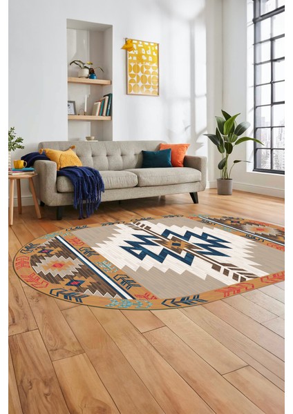 Etnik Desenli Dijital Baskılı Kaymaz Yıkanabilir Oval Yolluk Mutfak Salon Halısı, O-Etnik-05-Renkli, indirimleri