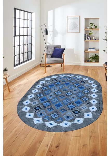 Sade Etnik Desen Kaymaz Yıkanabilir Oval Yolluk Mutfak Salon Koridor Halısı, O-Etnik-19-Mavi, fiyatları