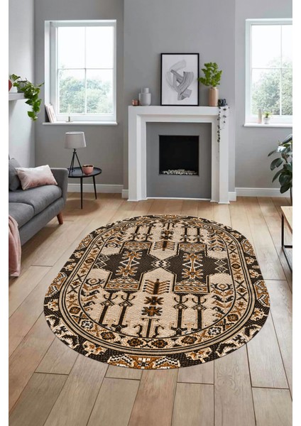 Şık Etnik Desen Kaymaz Yıkanabilir Oval Yolluk Mutfak Salon Koridor Halısı, O-Etnik-20-Kahve,