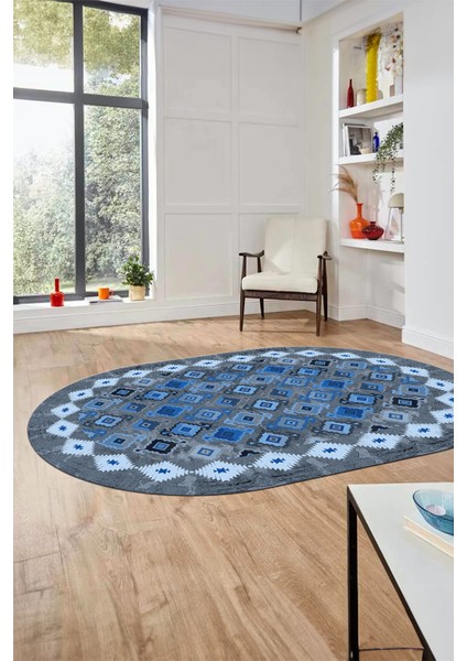 Sade Etnik Desen Kaymaz Yıkanabilir Oval Yolluk Mutfak Salon Koridor Halısı, O-Etnik-19-Mavi,