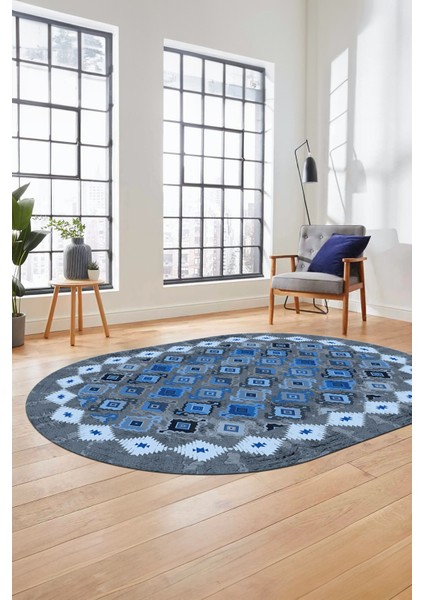 Sade Etnik Desen Kaymaz Yıkanabilir Oval Yolluk Mutfak Salon Koridor Halısı, O-Etnik-19-Mavi, modelleri