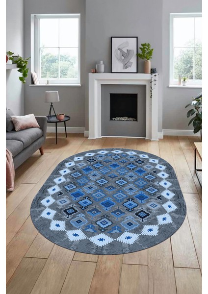Sade Etnik Desen Kaymaz Yıkanabilir Oval Yolluk Mutfak Salon Koridor Halısı, O-Etnik-19-Mavi, fırsatları
