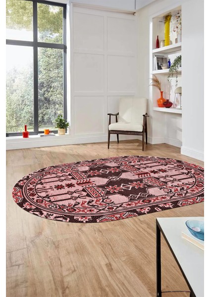 Şık Etnik Desen Kaymaz Yıkanabilir Oval Yolluk Mutfak Salon Koridor Halısı, O-Etnik-20-Pembe,