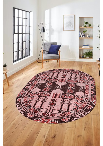 Şık Etnik Desen Kaymaz Yıkanabilir Oval Yolluk Mutfak Salon Koridor Halısı, O-Etnik-20-Pembe,