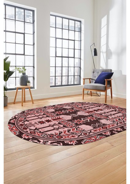Şık Etnik Desen Kaymaz Yıkanabilir Oval Yolluk Mutfak Salon Koridor Halısı, O-Etnik-20-Pembe,