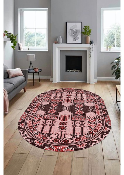 Şık Etnik Desen Kaymaz Yıkanabilir Oval Yolluk Mutfak Salon Koridor Halısı, O-Etnik-20-Pembe,
