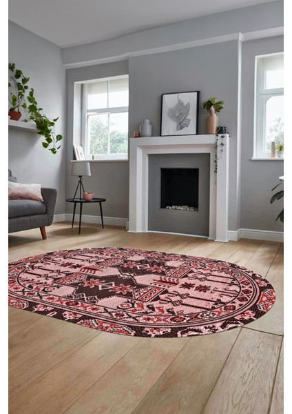 Şık Etnik Desen Kaymaz Yıkanabilir Oval Yolluk Mutfak Salon Koridor Halısı, O-Etnik-20-Pembe,