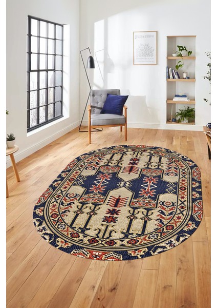 Şık Etnik Desen Kaymaz Yıkanabilir Oval Yolluk Mutfak Salon Koridor Halısı, O-Etnik-20-Lacivert, fiyatları