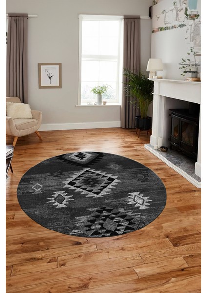 Dijital Kaymaz Yıkanabilir Etnik Desenli Yuvarlak Mutfak Salon Halısı, Y-Etnik-01-Gri,
