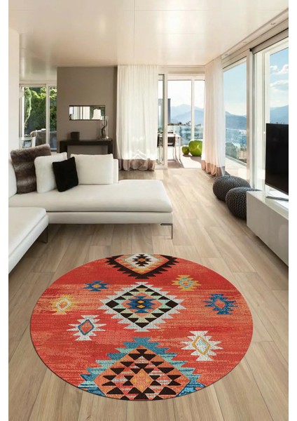 Dijital Kaymaz Yıkanabilir Etnik Desenli Yuvarlak Mutfak Salon Halısı, Y-Etnik-01-Kırmızı,