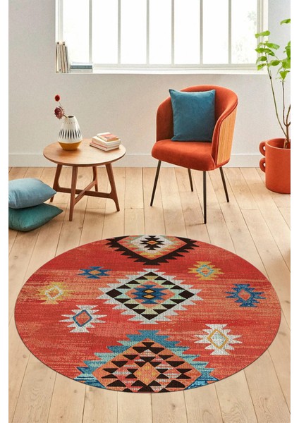 Dijital Kaymaz Yıkanabilir Etnik Desenli Yuvarlak Mutfak Salon Halısı, Y-Etnik-01-Kırmızı,