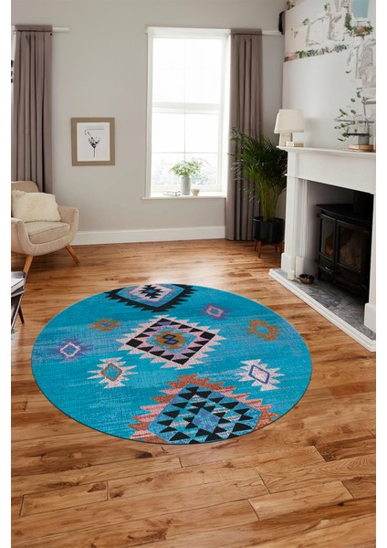 Dijital Kaymaz Yıkanabilir Etnik Desenli Yuvarlak Mutfak Salon Halısı, Y-Etnik-01-Mavi,