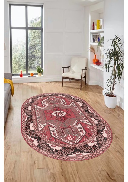 Şık Etnik Desenli Dijital Kaymaz Yıkanabilir Oval Yolluk Mutfak Salon Halısı, O-Etnik-10-Pembe,