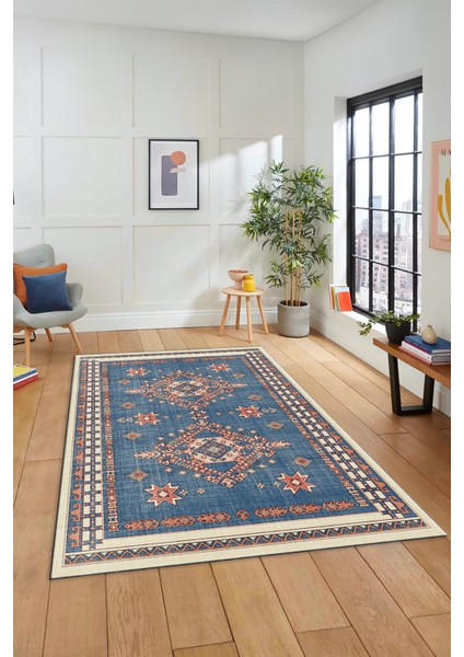 Dijital Baskılı Kaymaz Yıkanabilir Etnik Desen Yolluk Mutfak Salon Halısı, Etnik-03-Mavi