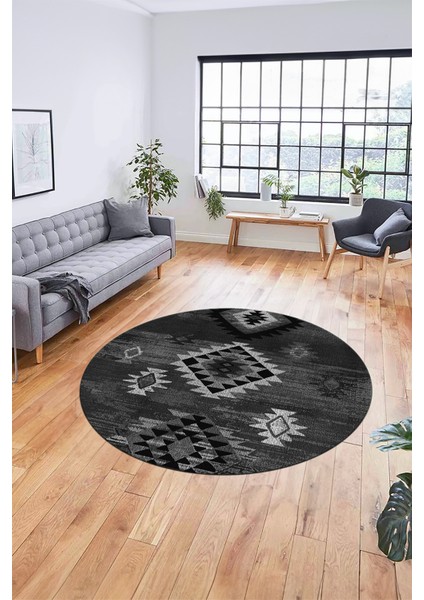 Dijital Kaymaz Yıkanabilir Etnik Desenli Yuvarlak Mutfak Salon Halısı, Y-Etnik-01-Gri, indirimleri