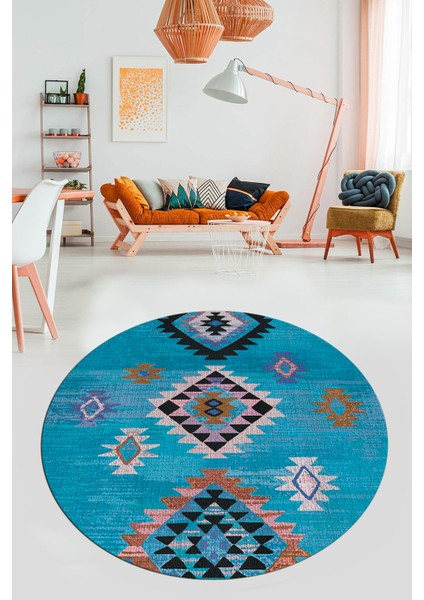 Dijital Kaymaz Yıkanabilir Etnik Desenli Yuvarlak Mutfak Salon Halısı, Y-Etnik-01-Mavi, fırsatları