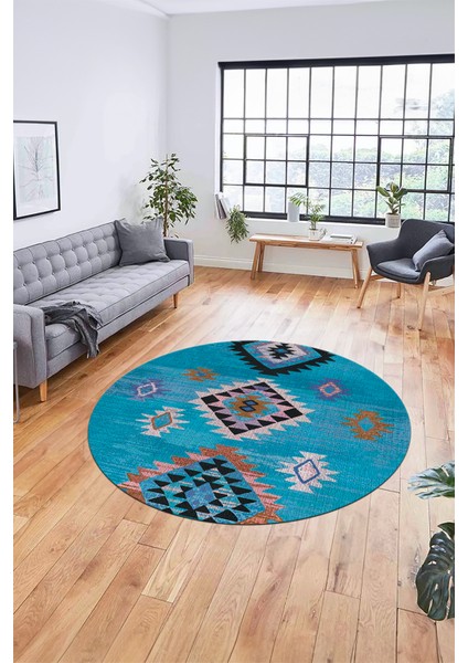 Dijital Kaymaz Yıkanabilir Etnik Desenli Yuvarlak Mutfak Salon Halısı, Y-Etnik-01-Mavi, indirimleri
