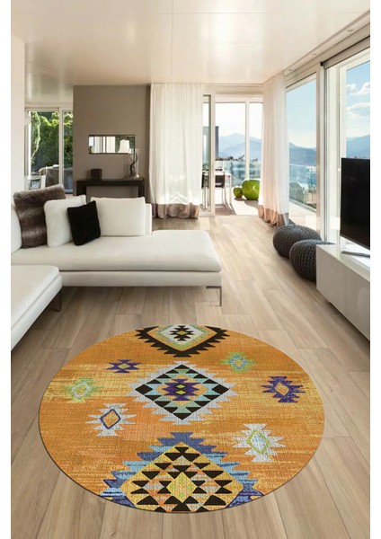 Dijital Kaymaz Yıkanabilir Etnik Desenli Yuvarlak Mutfak Salon Halısı, Y-Etnik-01-Turuncu, fiyatları