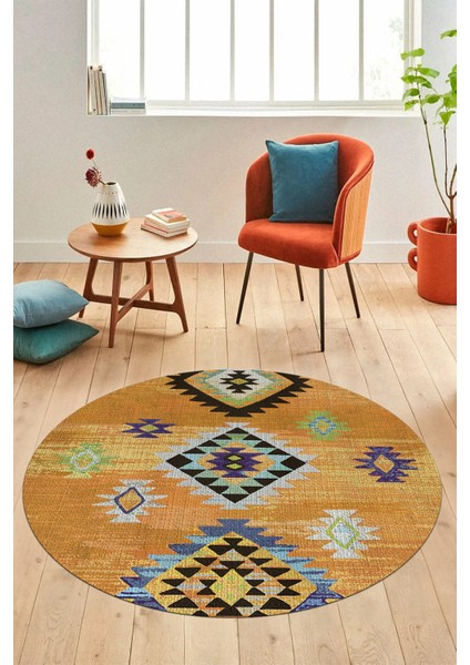 Dijital Kaymaz Yıkanabilir Etnik Desenli Yuvarlak Mutfak Salon Halısı, Y-Etnik-01-Turuncu, modelleri