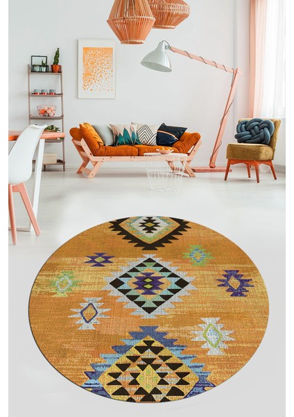 Dijital Kaymaz Yıkanabilir Etnik Desenli Yuvarlak Mutfak Salon Halısı, Y-Etnik-01-Turuncu, fırsatları