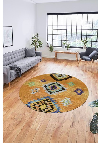 Dijital Kaymaz Yıkanabilir Etnik Desenli Yuvarlak Mutfak Salon Halısı, Y-Etnik-01-Turuncu, indirimleri
