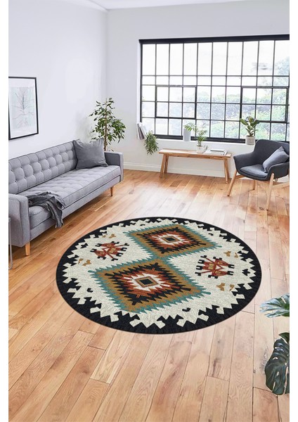 Dijital Kaymaz Yıkanabilir Etnik Desenli Yuvarlak Mutfak Salon Halısı, Y-Etnik-02-Renkli, indirimleri