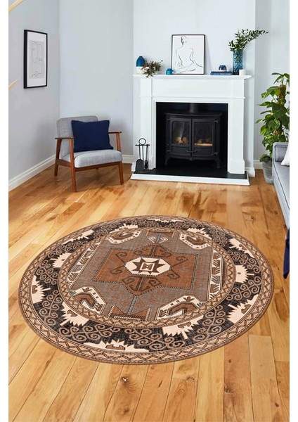 Şık Etnik Desenli Dijital Kaymaz Yıkanabilir Yuvarlak Mutfak Salon Halısı, Y-Etnik-10-Kahve, modelleri