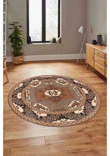 Şık Etnik Desenli Dijital Kaymaz Yıkanabilir Yuvarlak Mutfak Salon Halısı, Y-Etnik-10-Kahve, fırsatları