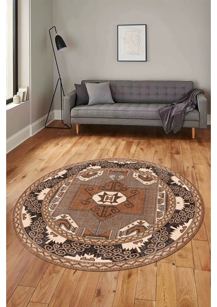 Şık Etnik Desenli Dijital Kaymaz Yıkanabilir Yuvarlak Mutfak Salon Halısı, Y-Etnik-10-Kahve, indirimleri