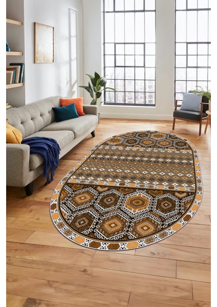 Dijital Kaymaz Yıkanabilir Şık Etnik Desenli Oval Yolluk Mutfak Salon Halısı, O-Etnik-13-Kahve,