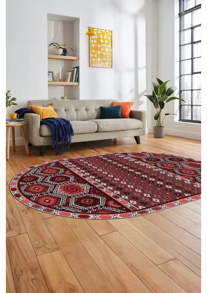 Dijital Kaymaz Yıkanabilir Şık Etnik Desenli Oval Yolluk Mutfak Salon Halısı, O-Etnik-13-Kırmızı, fiyatları