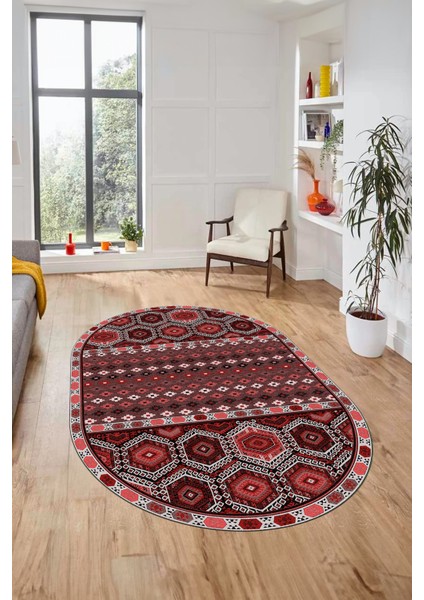 Dijital Kaymaz Yıkanabilir Şık Etnik Desenli Oval Yolluk Mutfak Salon Halısı, O-Etnik-13-Kırmızı, modelleri