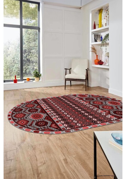 Dijital Kaymaz Yıkanabilir Şık Etnik Desenli Oval Yolluk Mutfak Salon Halısı, O-Etnik-13-Kırmızı, fırsatları