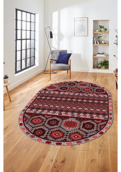 Dijital Kaymaz Yıkanabilir Şık Etnik Desenli Oval Yolluk Mutfak Salon Halısı, O-Etnik-13-Kırmızı, indirimleri
