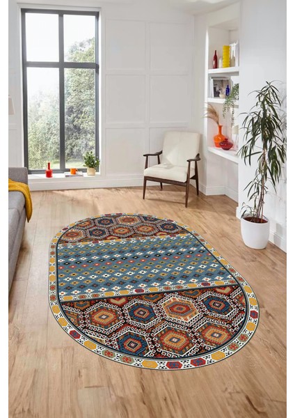 Dijital Kaymaz Yıkanabilir Şık Etnik Desenli Oval Yolluk Mutfak Salon Halısı, O-Etnik-13-Renkli,
