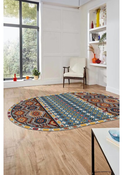 Dijital Kaymaz Yıkanabilir Şık Etnik Desenli Oval Yolluk Mutfak Salon Halısı, O-Etnik-13-Renkli,