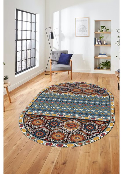 Dijital Kaymaz Yıkanabilir Şık Etnik Desenli Oval Yolluk Mutfak Salon Halısı, O-Etnik-13-Renkli,