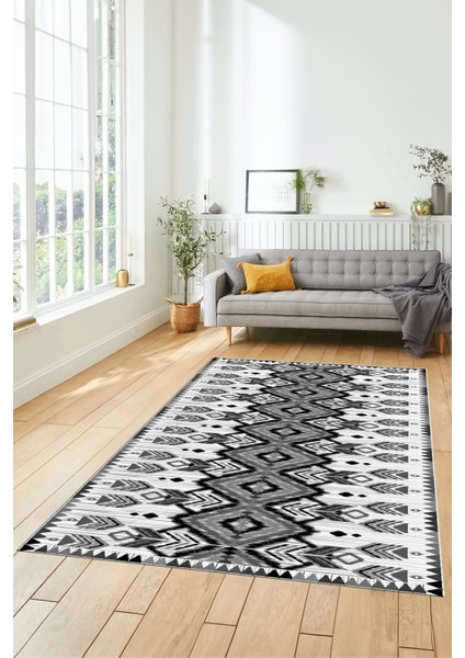 Renkli Etnik Desenli Dijital Kaymaz Yıkanabilir Yolluk Mutfak Salon Halısı, Etnik-06-Gri fırsatları