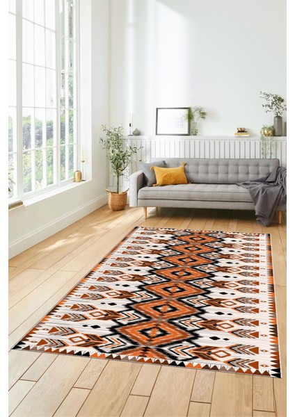 Renkli Etnik Desenli Dijital Kaymaz Yıkanabilir Yolluk Mutfak Salon Halısı, Etnik-06-Turuncu modelleri